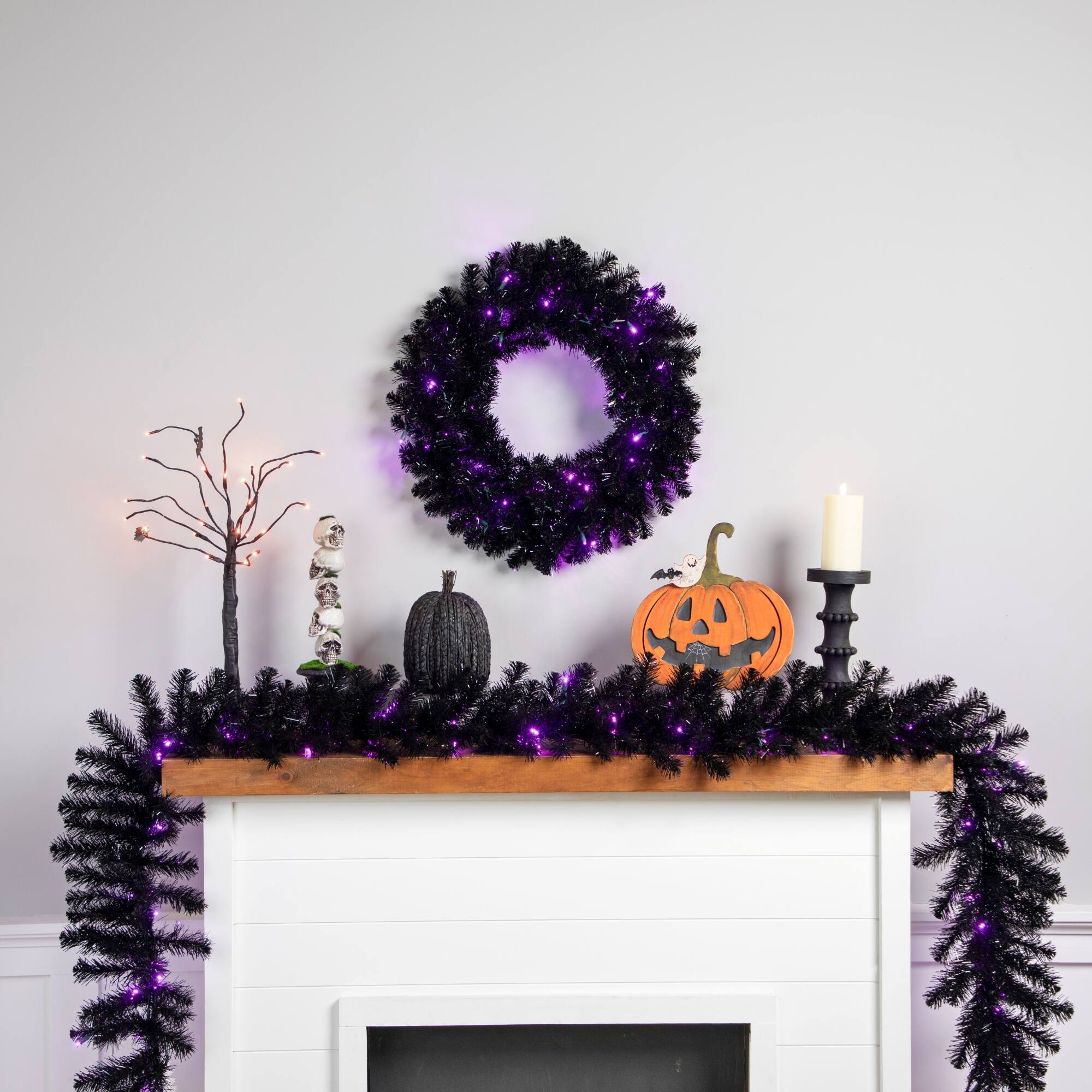 9ft. Purple LED Pre-Lit Black Crystal Pine Artificial Halloween Garland